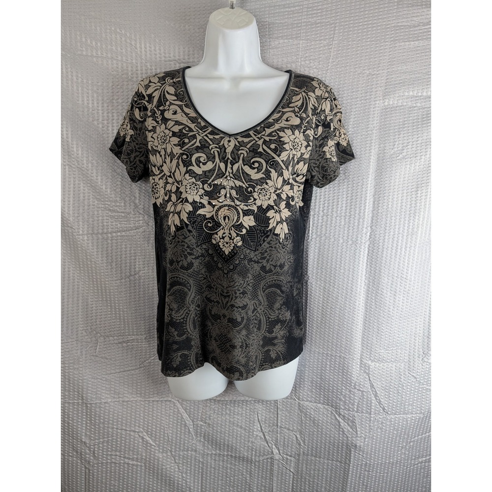 Vanilla Sugar Embellished Graphic Tee Medium Gray Black Floral Scroll Rhinestone